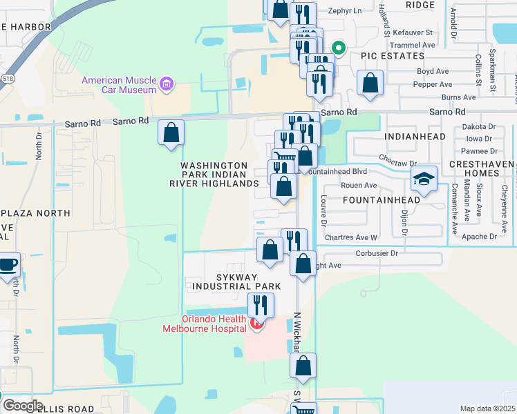 map of restaurants, bars, coffee shops, grocery stores, and more near 590 North Wickham Road in Melbourne