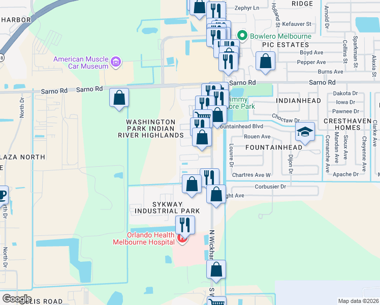map of restaurants, bars, coffee shops, grocery stores, and more near 596 North Wickham Road in Melbourne