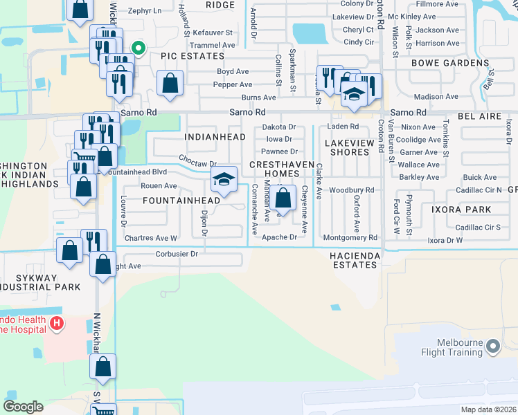 map of restaurants, bars, coffee shops, grocery stores, and more near 583 Comanche Avenue in Melbourne