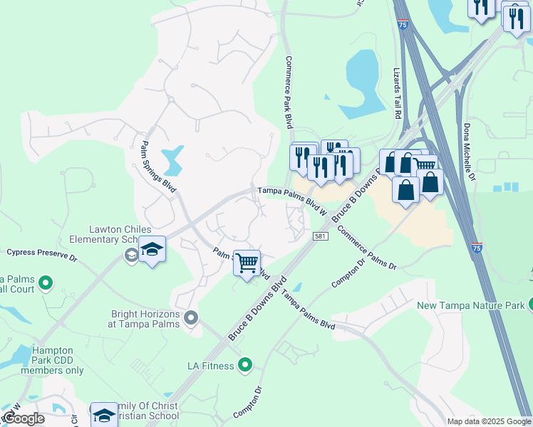 map of restaurants, bars, coffee shops, grocery stores, and more near 16615 Palm Royal Drive in Tampa