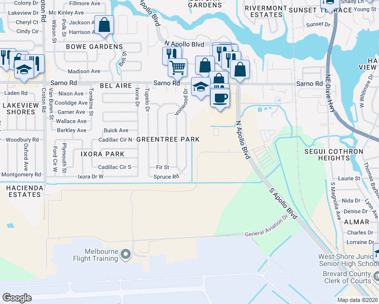 map of restaurants, bars, coffee shops, grocery stores, and more near 560 Teak Drive in Melbourne