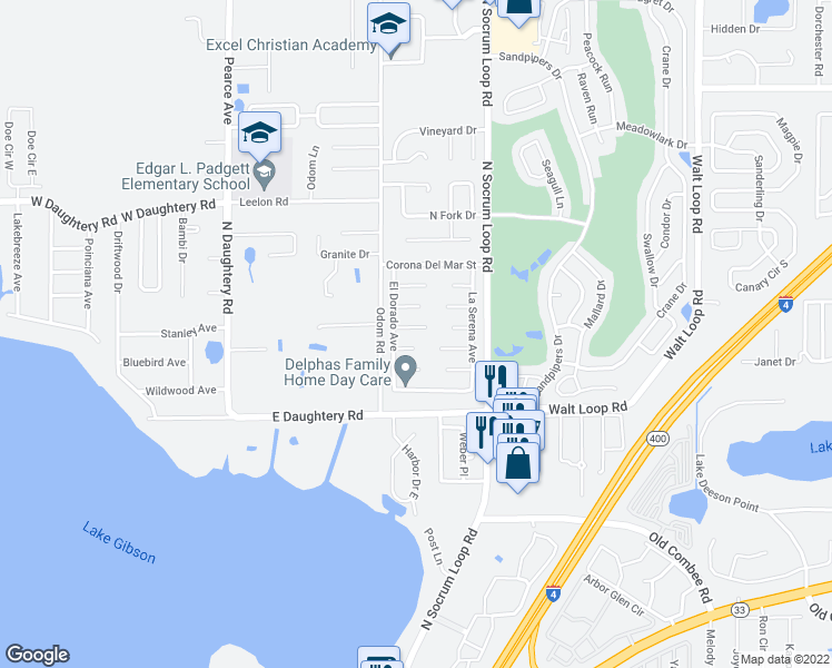 map of restaurants, bars, coffee shops, grocery stores, and more near 341 Santiago Court in Lakeland