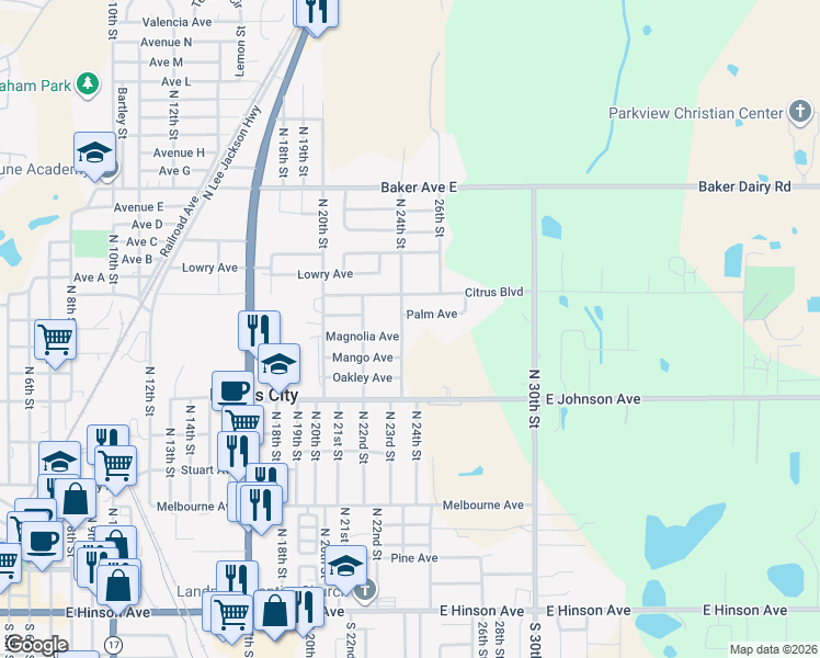 map of restaurants, bars, coffee shops, grocery stores, and more near 705 North 24th Street in Haines City