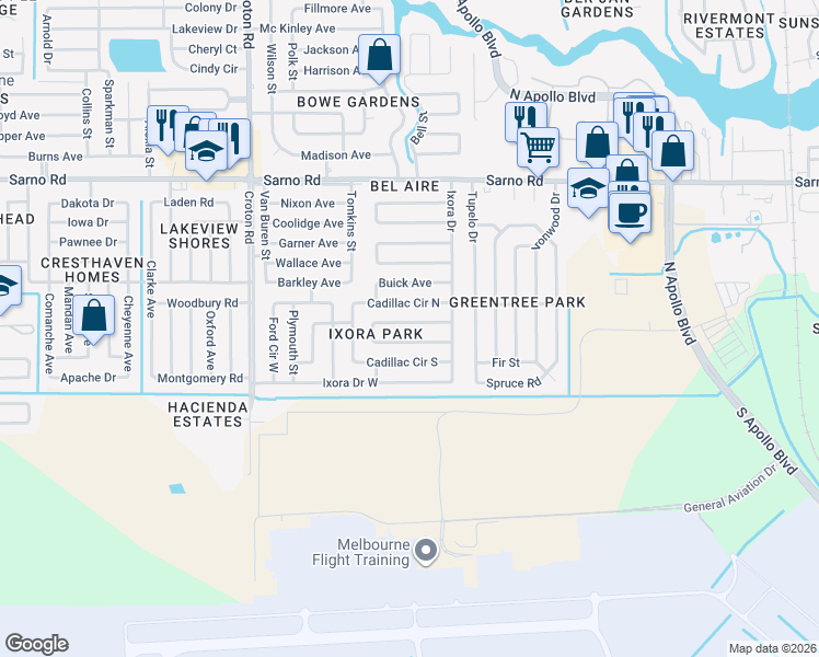 map of restaurants, bars, coffee shops, grocery stores, and more near 1737 Dodge Circle North in Melbourne