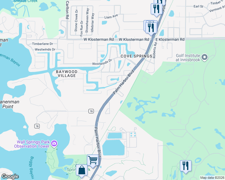 map of restaurants, bars, coffee shops, grocery stores, and more near 450 Harbor Springs Drive in Palm Harbor
