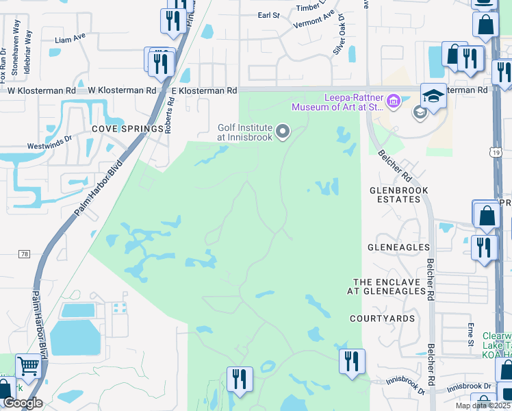 map of restaurants, bars, coffee shops, grocery stores, and more near Pine Burr in Palm Harbor