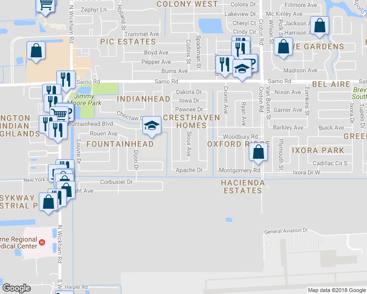 map of restaurants, bars, coffee shops, grocery stores, and more near 593 Mandan Avenue in Melbourne