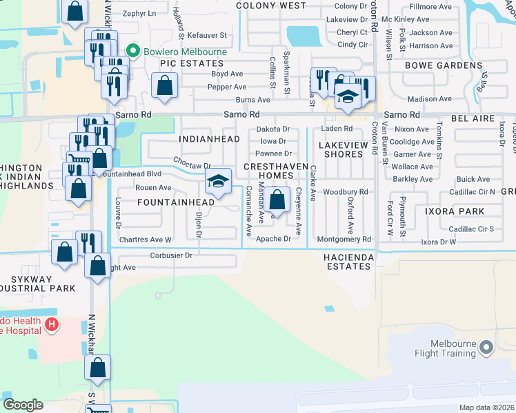 map of restaurants, bars, coffee shops, grocery stores, and more near 594 Mandan Avenue in Melbourne
