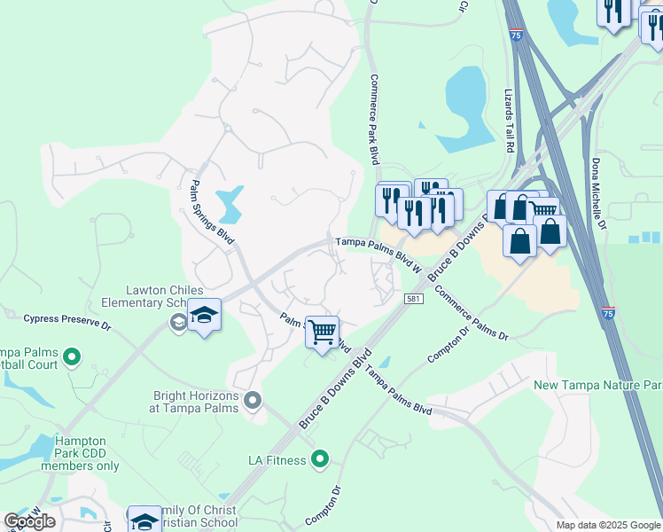 map of restaurants, bars, coffee shops, grocery stores, and more near 16615 Palm Royal Drive in Tampa