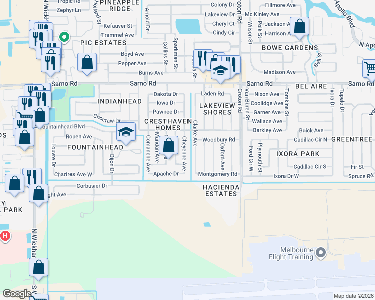 map of restaurants, bars, coffee shops, grocery stores, and more near 563 Cheyenne Avenue in Melbourne