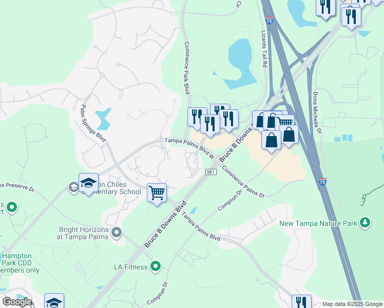 map of restaurants, bars, coffee shops, grocery stores, and more near 17110 Carrington Park Drive in Tampa