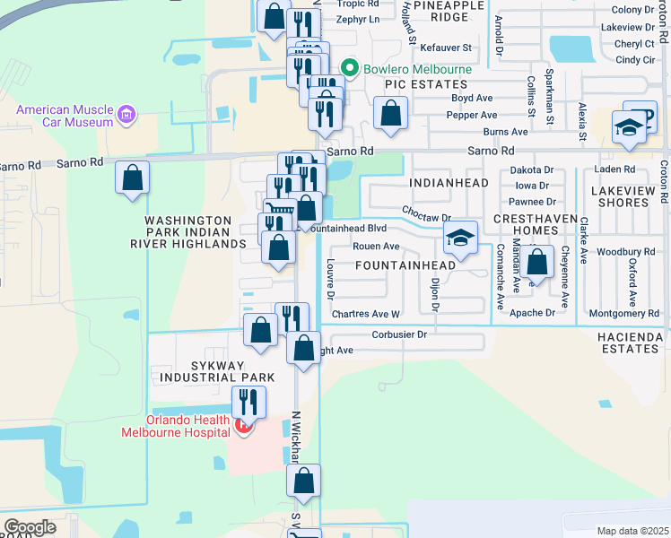 map of restaurants, bars, coffee shops, grocery stores, and more near 2873 Notre Dame Avenue in Melbourne