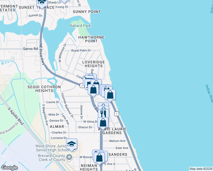 map of restaurants, bars, coffee shops, grocery stores, and more near 405 North Harbor City Boulevard in Melbourne