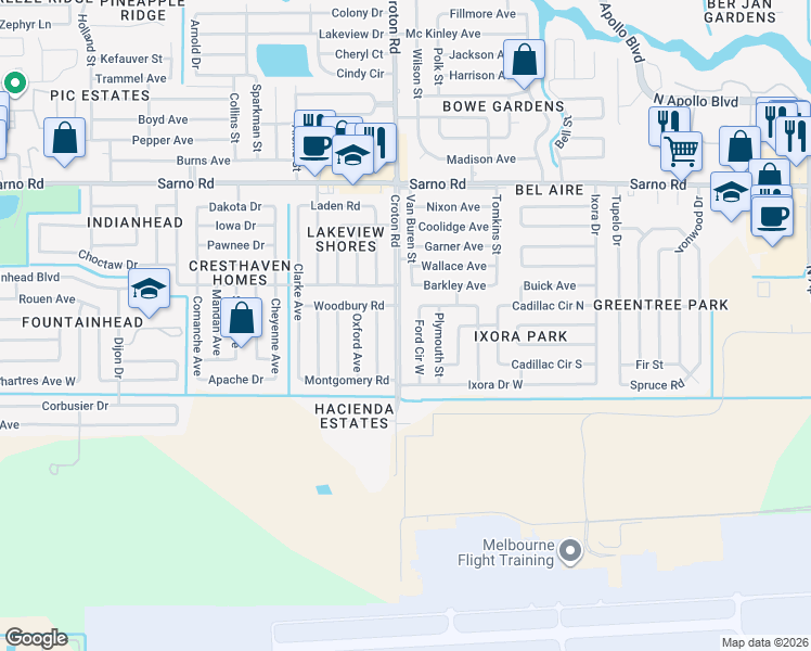 map of restaurants, bars, coffee shops, grocery stores, and more near 558 Croton Road in Melbourne