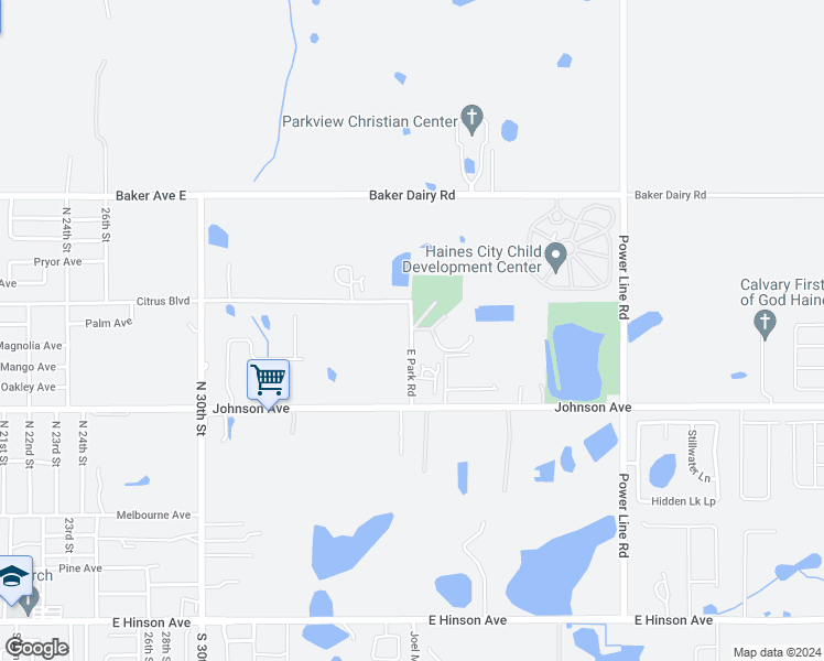 map of restaurants, bars, coffee shops, grocery stores, and more near 701 East Park Road in Haines City