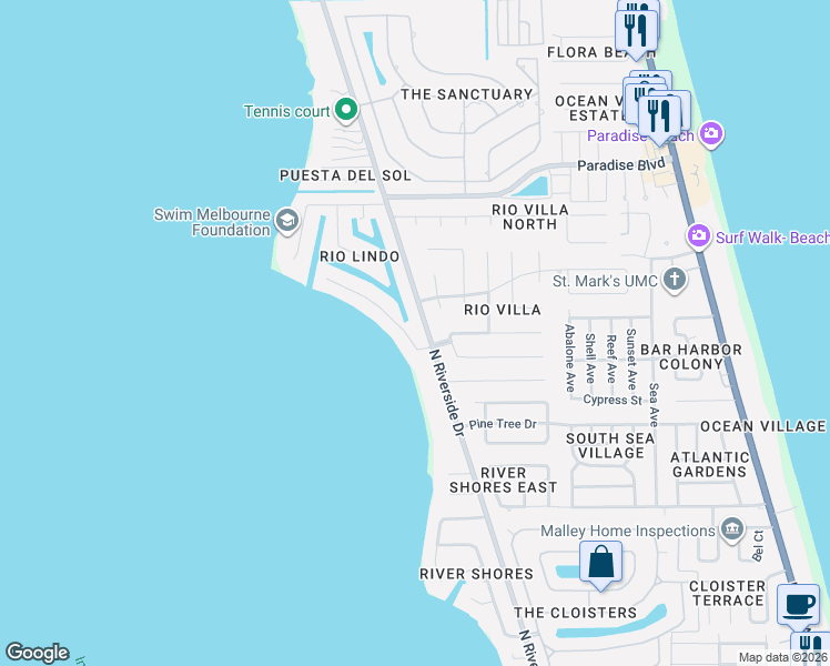 map of restaurants, bars, coffee shops, grocery stores, and more near 750 Malibu Lane in Indialantic