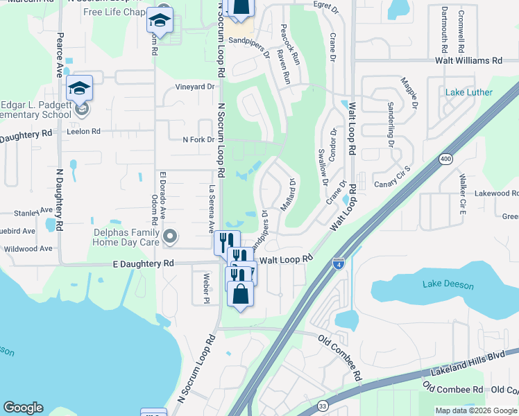 map of restaurants, bars, coffee shops, grocery stores, and more near 5756 Sandpipers Drive in Lakeland