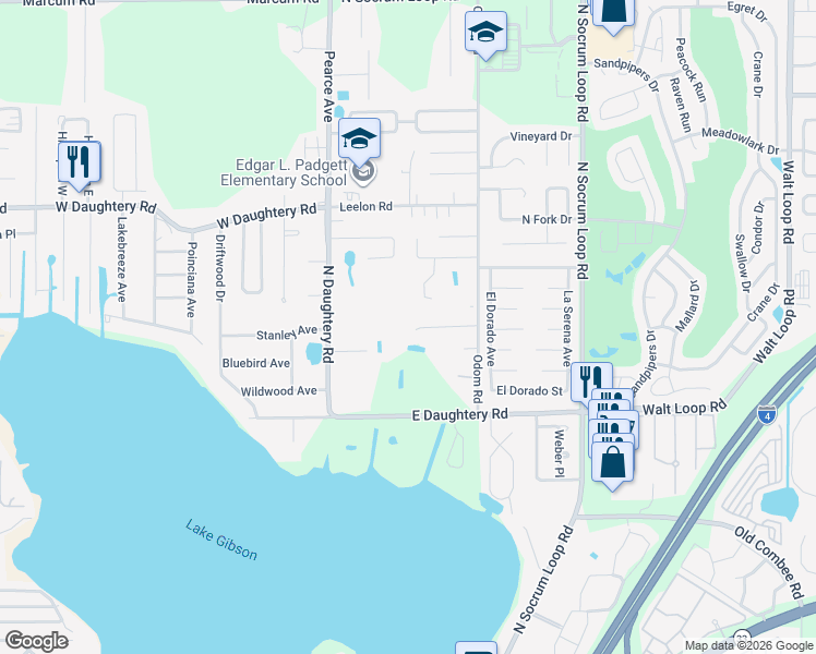 map of restaurants, bars, coffee shops, grocery stores, and more near 5734 Granite Lane in Lakeland