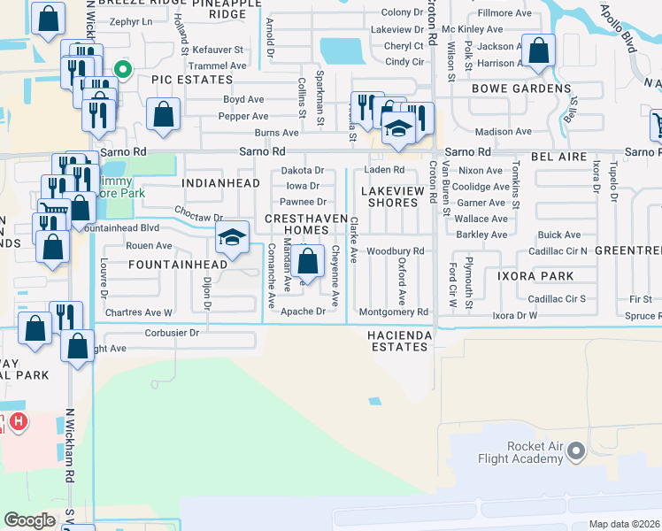 map of restaurants, bars, coffee shops, grocery stores, and more near 649 Cheyenne Avenue in Melbourne