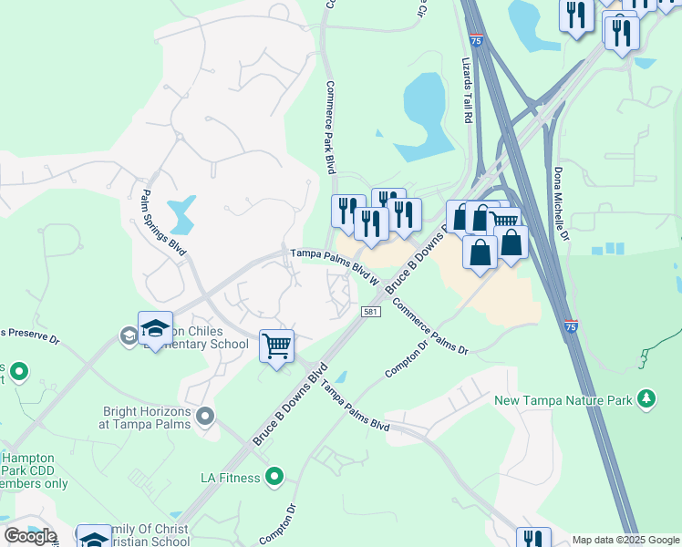 map of restaurants, bars, coffee shops, grocery stores, and more near 16798 Tampa Palms Boulevard West in Tampa