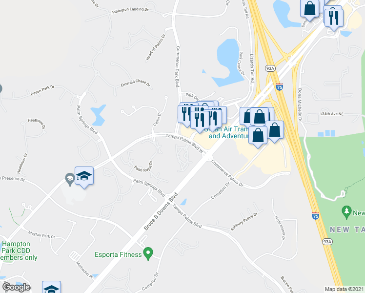 map of restaurants, bars, coffee shops, grocery stores, and more near 16798 Tampa Palms Boulevard West in Tampa