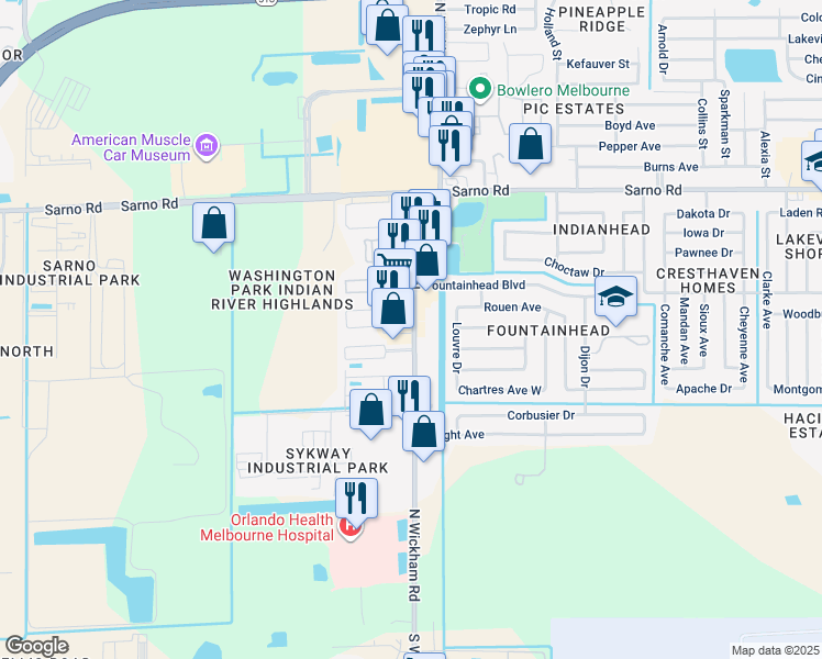 map of restaurants, bars, coffee shops, grocery stores, and more near 588 North Wickham Road in Melbourne