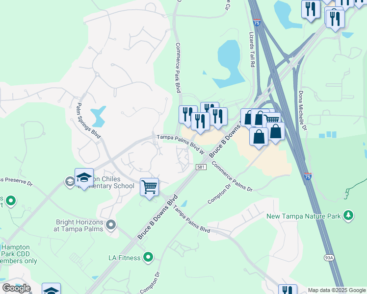 map of restaurants, bars, coffee shops, grocery stores, and more near 17108 Carrington Park Drive in Tampa