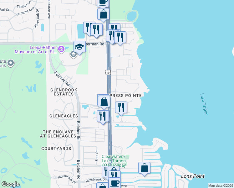 map of restaurants, bars, coffee shops, grocery stores, and more near 2564 Grand Cypress Boulevard in Palm Harbor