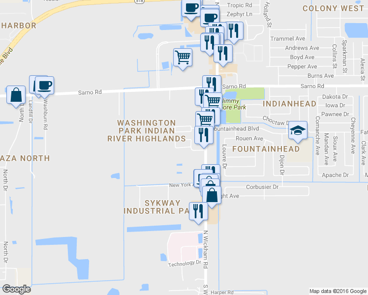 map of restaurants, bars, coffee shops, grocery stores, and more near 735 Ridge Club Drive in Melbourne