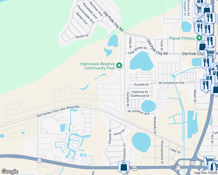 map of restaurants, bars, coffee shops, grocery stores, and more near La Paloma Avenue in Haines City