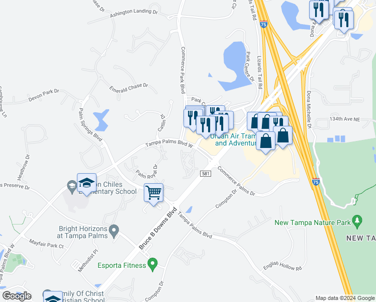 map of restaurants, bars, coffee shops, grocery stores, and more near 16798 Tampa Palms Boulevard West in Tampa