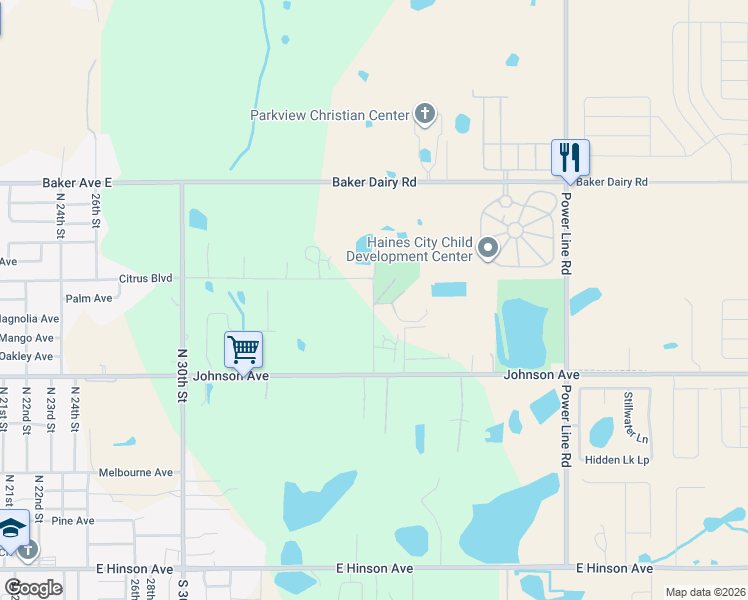 map of restaurants, bars, coffee shops, grocery stores, and more near 776 East Park Road in Haines City