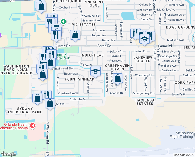 map of restaurants, bars, coffee shops, grocery stores, and more near 2601 Fountainhead Boulevard in Melbourne