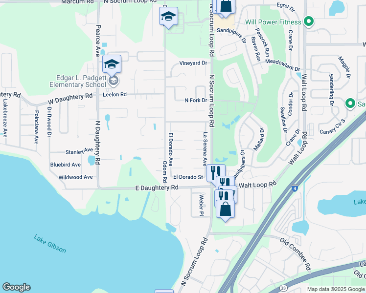 map of restaurants, bars, coffee shops, grocery stores, and more near 348 Santiago Court in Lakeland