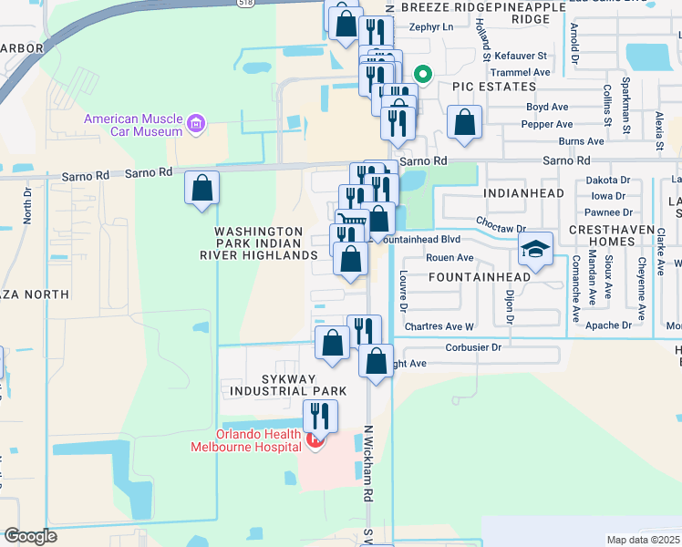map of restaurants, bars, coffee shops, grocery stores, and more near 798 Ridge Club Drive in Melbourne