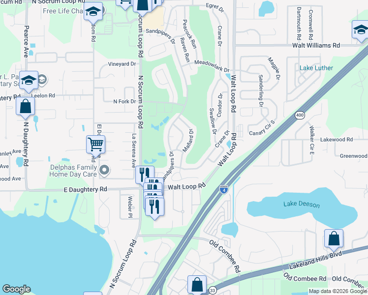 map of restaurants, bars, coffee shops, grocery stores, and more near 5805 Mallard Drive in Lakeland
