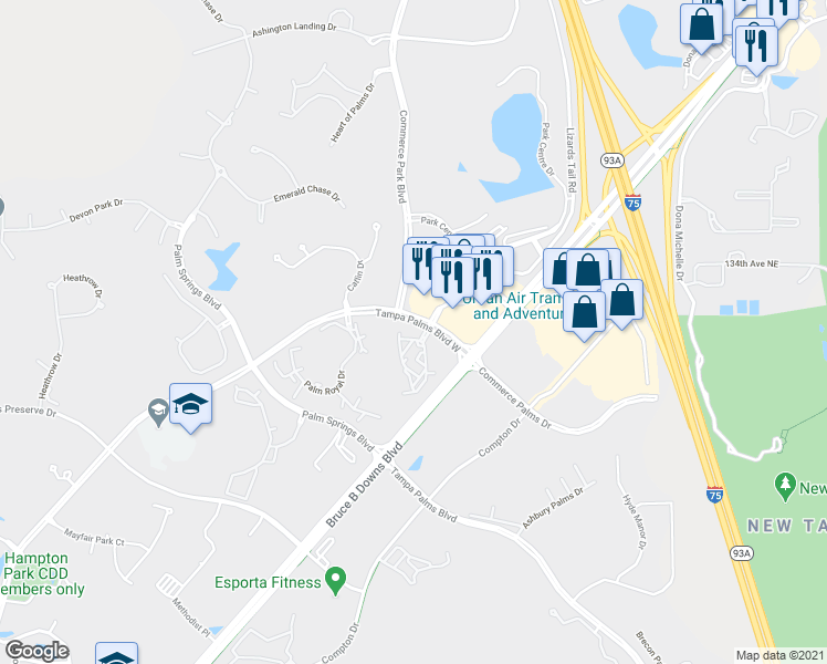 map of restaurants, bars, coffee shops, grocery stores, and more near 16798 Tampa Palms Boulevard West in Tampa