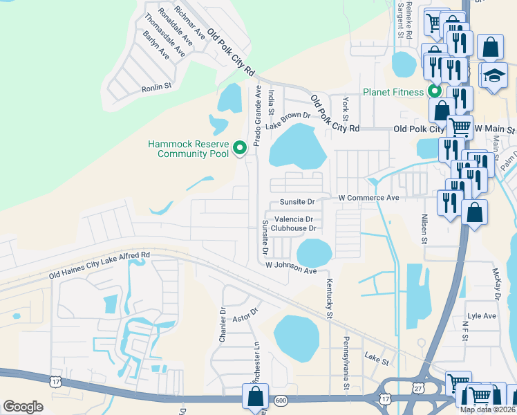 map of restaurants, bars, coffee shops, grocery stores, and more near 707 Prado Grande Street in Haines City