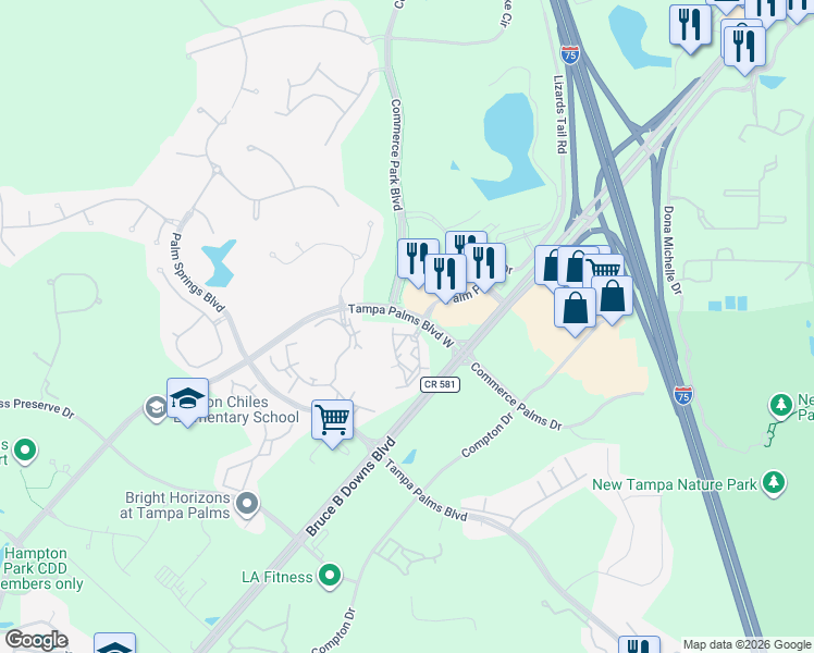 map of restaurants, bars, coffee shops, grocery stores, and more near 16798 Tampa Palms Boulevard West in Tampa