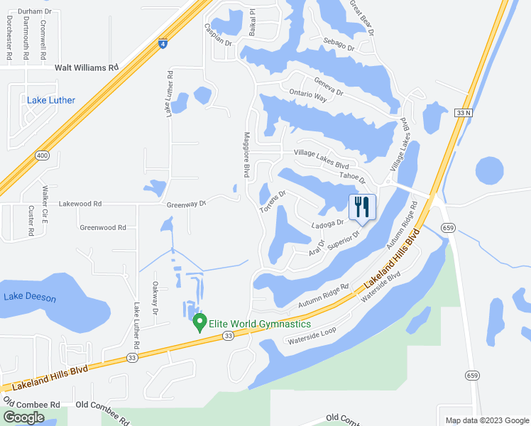 map of restaurants, bars, coffee shops, grocery stores, and more near 2431 Torrens Drive in Lakeland