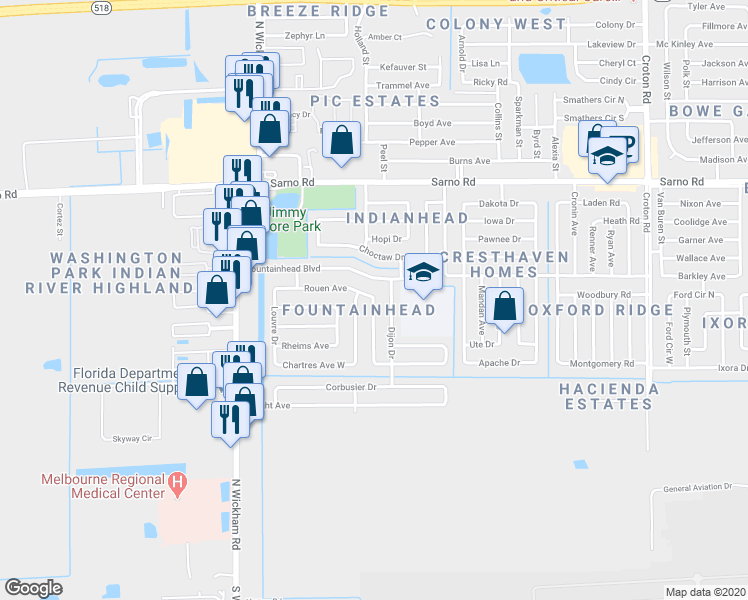map of restaurants, bars, coffee shops, grocery stores, and more near 634 Avignon Drive in Melbourne