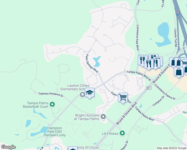 map of restaurants, bars, coffee shops, grocery stores, and more near 16301 Ashington Park Drive in Tampa