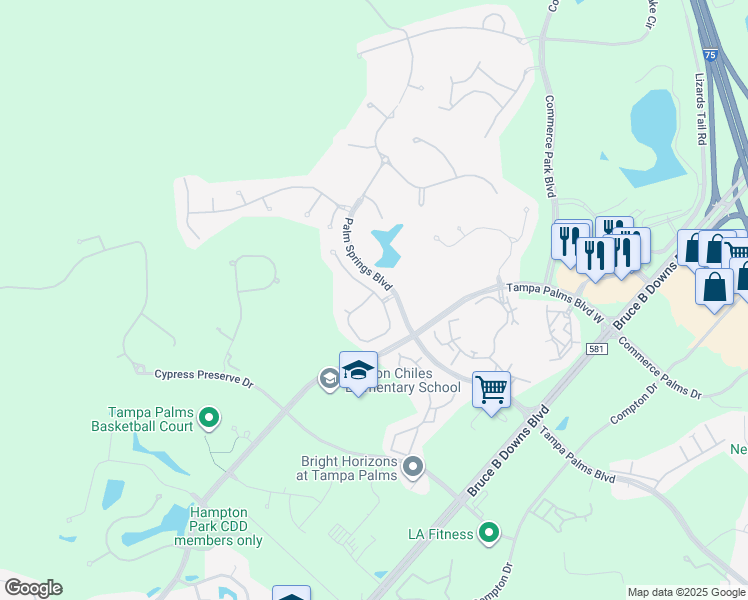 map of restaurants, bars, coffee shops, grocery stores, and more near 16301 Ashington Park Drive in Tampa