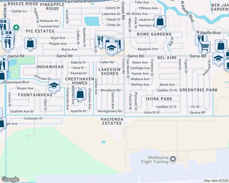 map of restaurants, bars, coffee shops, grocery stores, and more near 2150 Woodbury Road in Melbourne