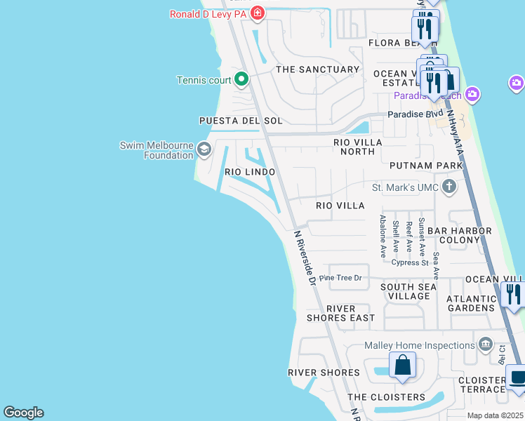 map of restaurants, bars, coffee shops, grocery stores, and more near 750 Malibu Lane in Indialantic