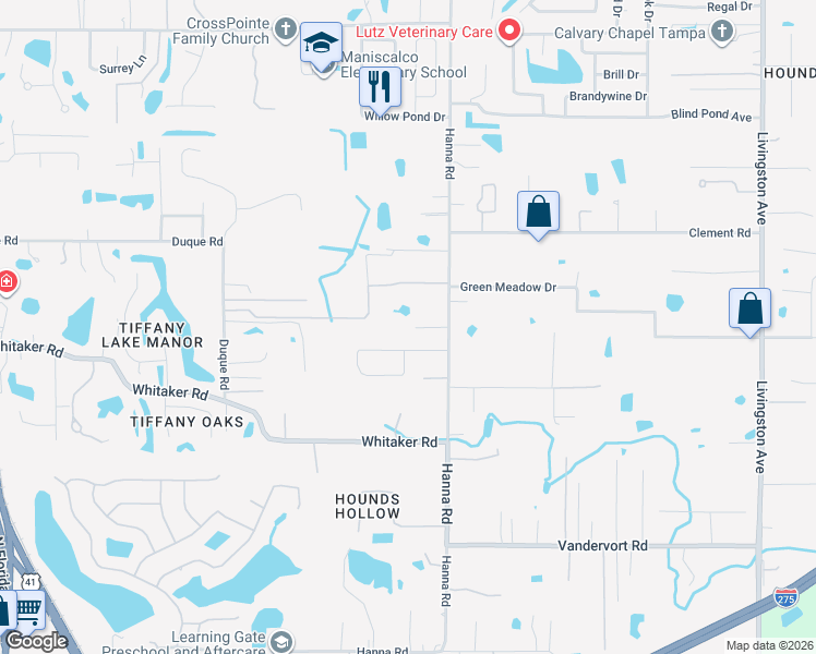 map of restaurants, bars, coffee shops, grocery stores, and more near 17030 Hanna Road in Lutz