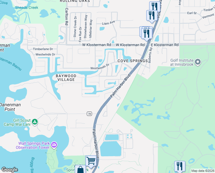 map of restaurants, bars, coffee shops, grocery stores, and more near 463 Harbor Ridge Drive in Palm Harbor