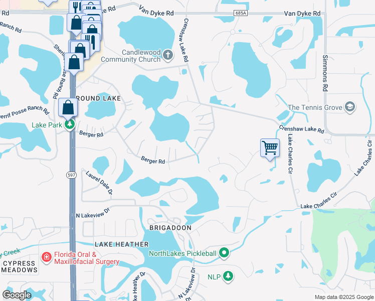 map of restaurants, bars, coffee shops, grocery stores, and more near 3529 Berger Road in Lutz