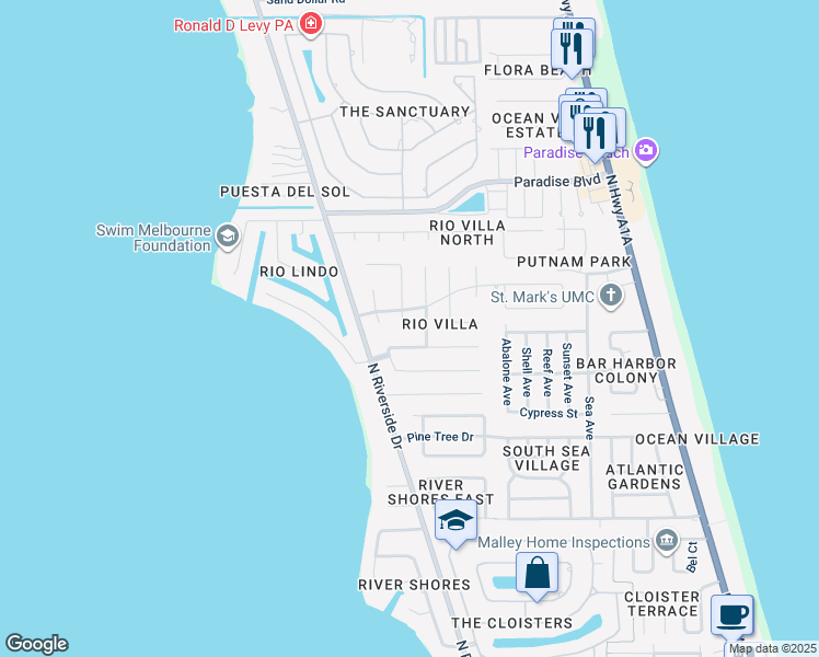 map of restaurants, bars, coffee shops, grocery stores, and more near 3091 Rio Pino South in Indialantic