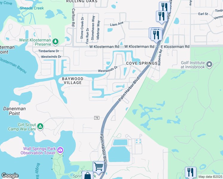 map of restaurants, bars, coffee shops, grocery stores, and more near 450 Harbor Ridge Drive in Palm Harbor